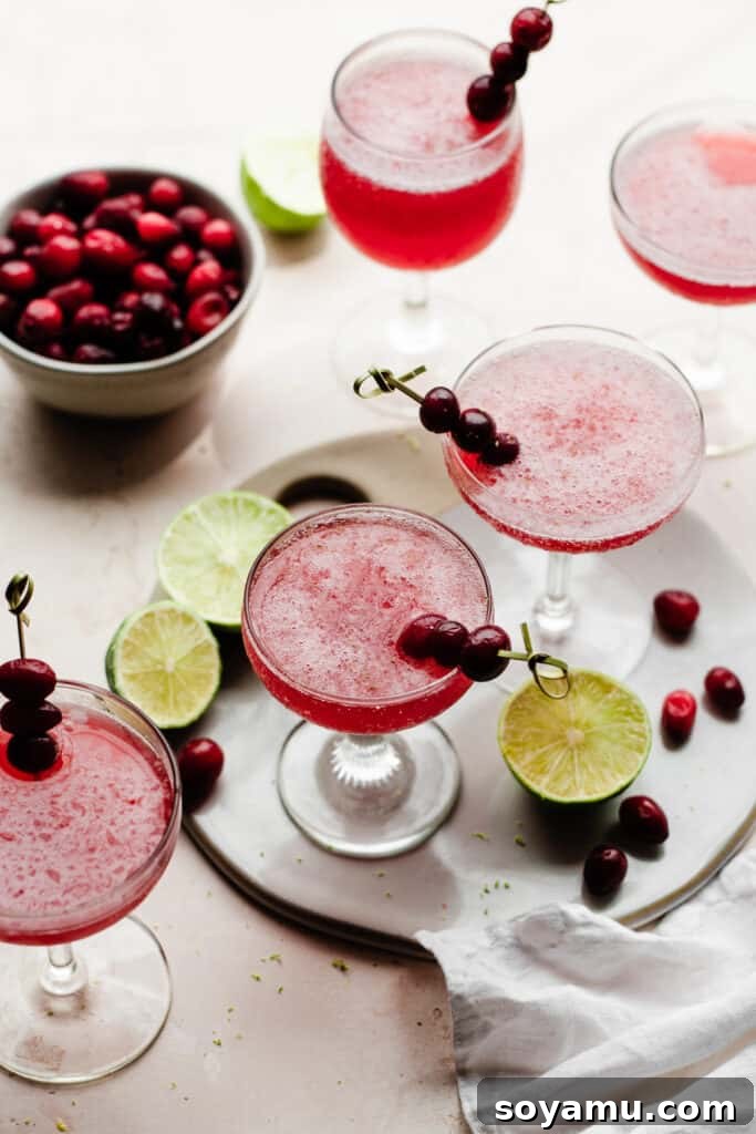 Crimson Frost Daiquiri 2 Five glasses of vibrant pink frozen cranberry daiquiris, garnished with fresh cranberries and lime slices, set against a bright, summery backdrop.