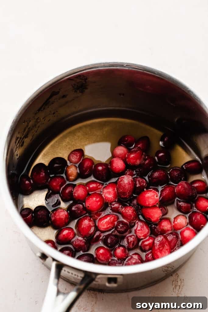 Crimson Frost Daiquiri 4 A saucepan on the stove filled with vibrant red frozen cranberries, white granulated sugar, and clear water, ready to be simmered into a simple syrup.