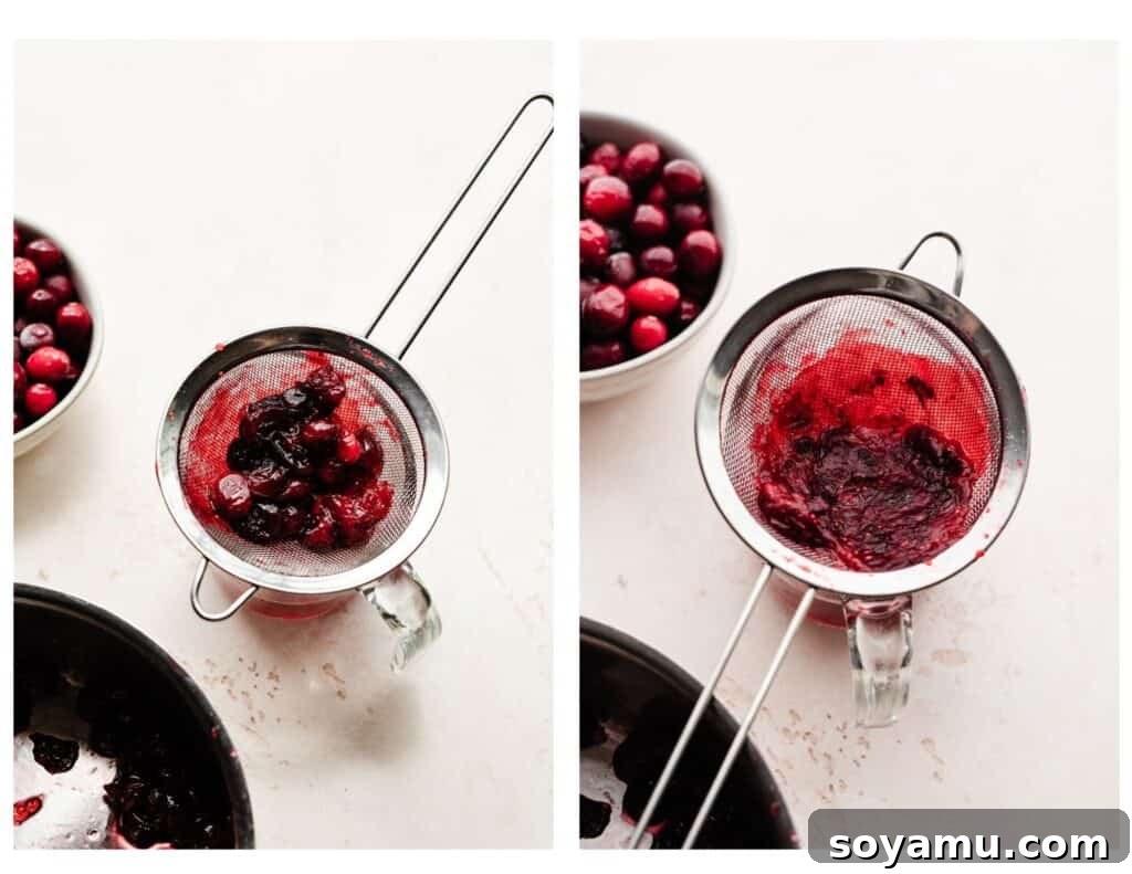 Crimson Frost Daiquiri 6 A two-part image showing the process of straining cranberry simple syrup: cooked cranberries in a fine-mesh strainer, and then the same cranberries pressed and flattened to extract all their juices.