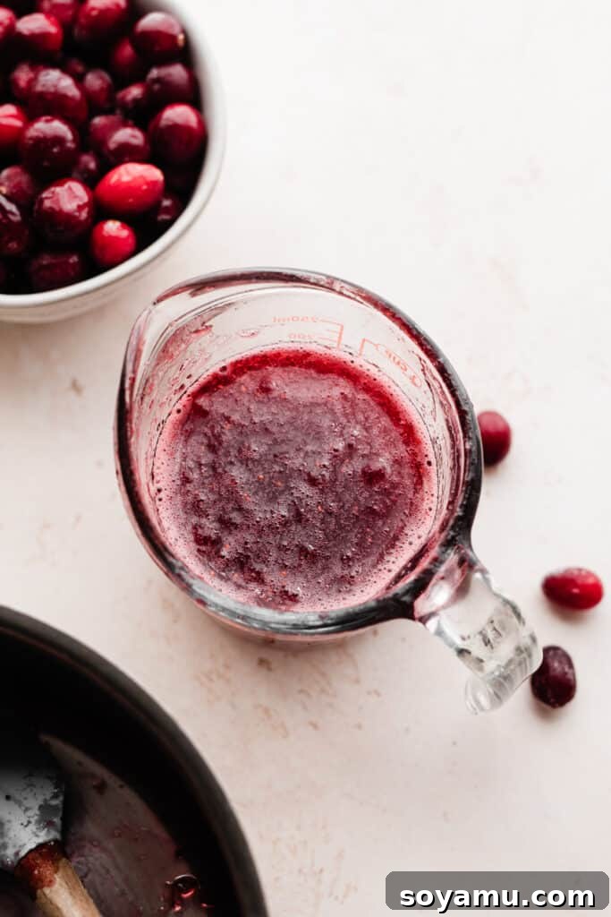 Crimson Frost Daiquiri 7 A clear measuring cup filled with the vibrant red cranberry simple syrup, showcasing its rich color and syrupy consistency.