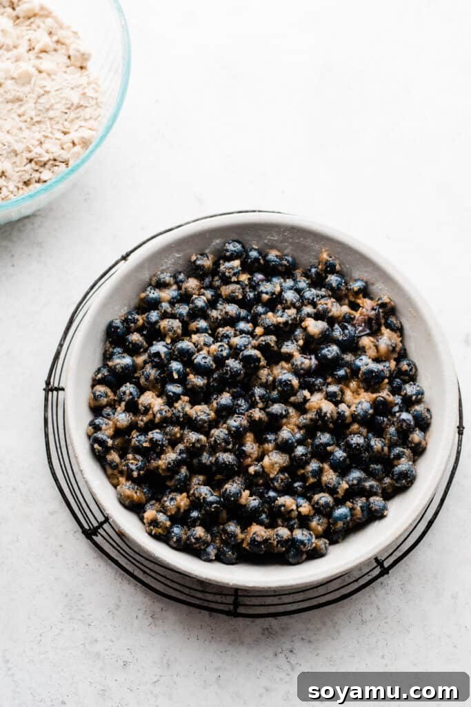 The Ultimate One-Bowl Blueberry Crisp 4 A pie dish filled with the prepared blueberry filling, showing the vibrant color of the berries.