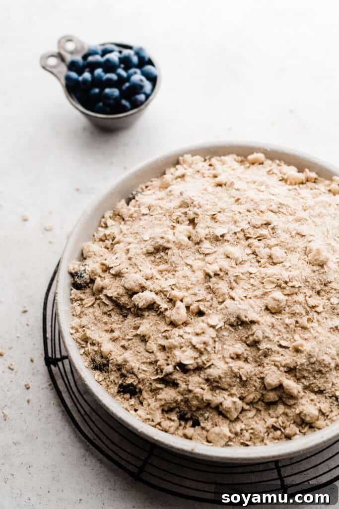 The Ultimate One-Bowl Blueberry Crisp 5 The crisp topping generously spread over the blueberry filling in a baking dish, ready for the oven.