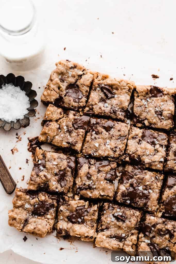 Chewy Brown Butter Chocolate Chunk Oatmeal Bars 3 An overhead view of freshly baked and sliced oatmeal chocolate chunk cookie bars, featuring generous chocolate puddles and a rustic charm.