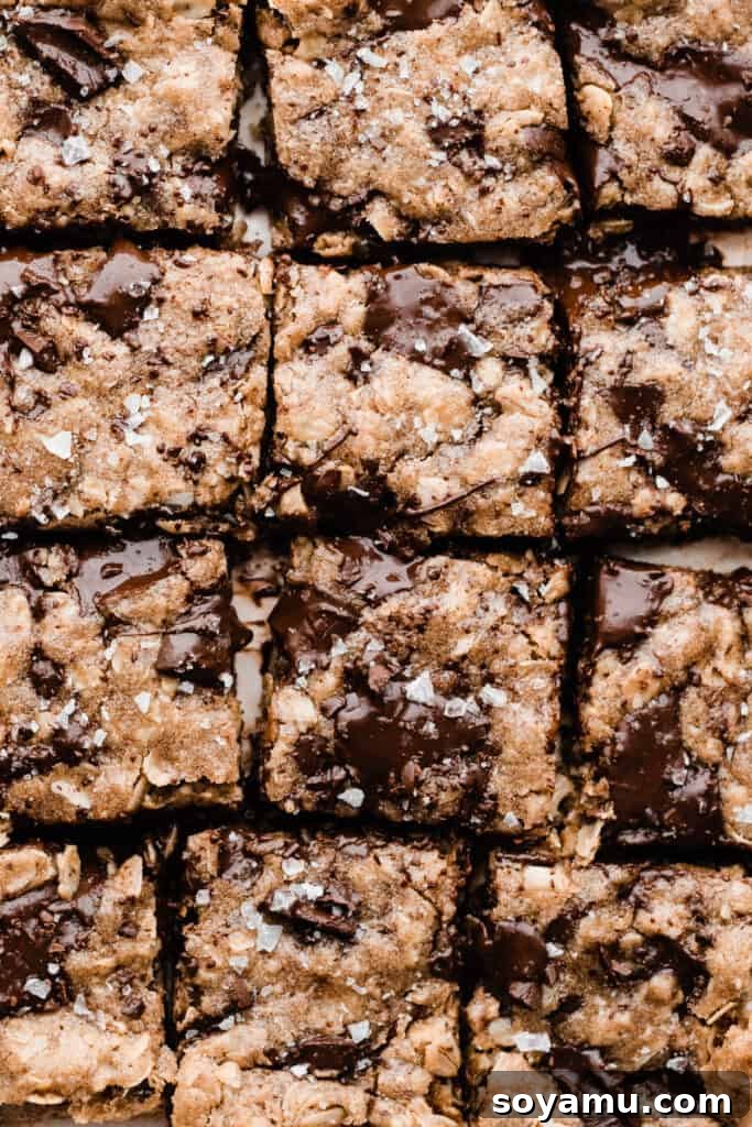 Chewy Brown Butter Chocolate Chunk Oatmeal Bars 8 A close-up view of a sliced oatmeal chocolate chunk cookie bar, highlighting gooey melted chocolate and a sparkling sprinkle of flaky sea salt, ready for a delightful bite.