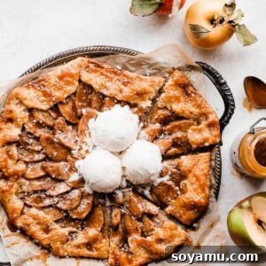 Salted Caramel Apple Galette Recipe 11 Apple galette on a vintage tray, drizzled with caramel sauce.