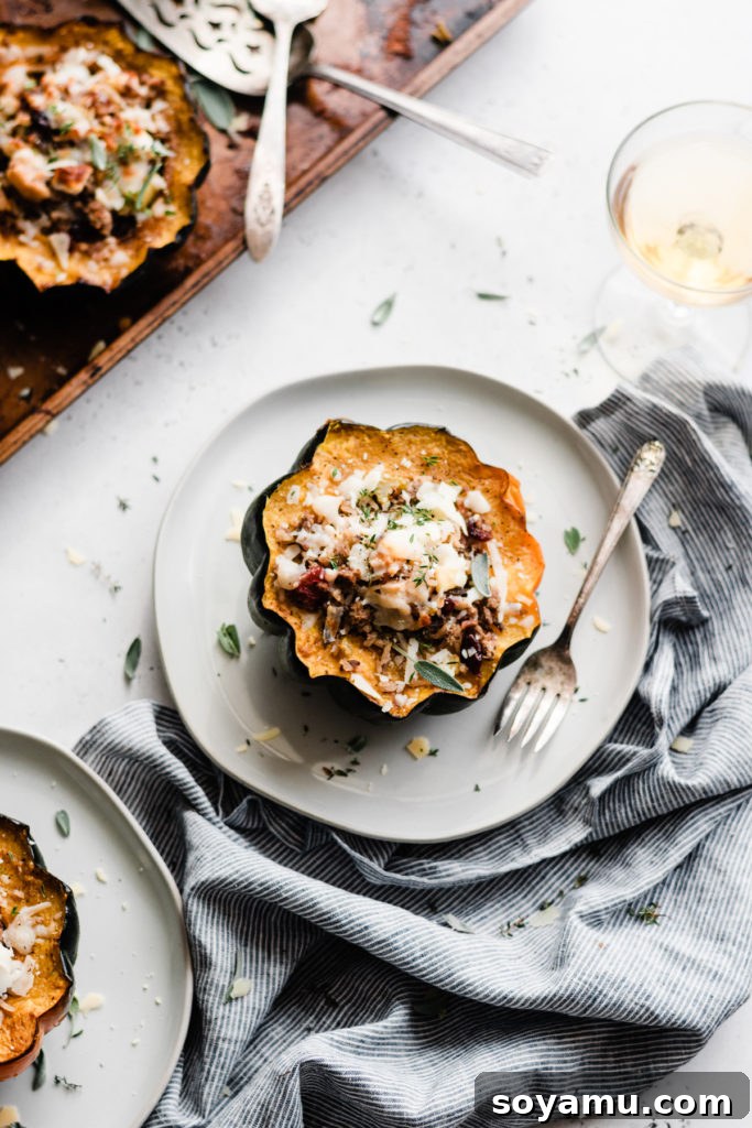 Autumns Best Apple Recipes Fresh from the Orchard 8 Multiple plates showcasing beautifully roasted and generously stuffed acorn squash halves, garnished and ready to eat.