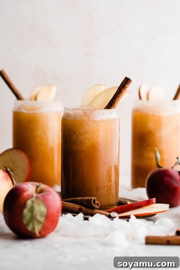Spiked or Not Apple Cider Slushies 2 Three glasses of apple cider slushies garnished with apple slices and cinnamon sticks.