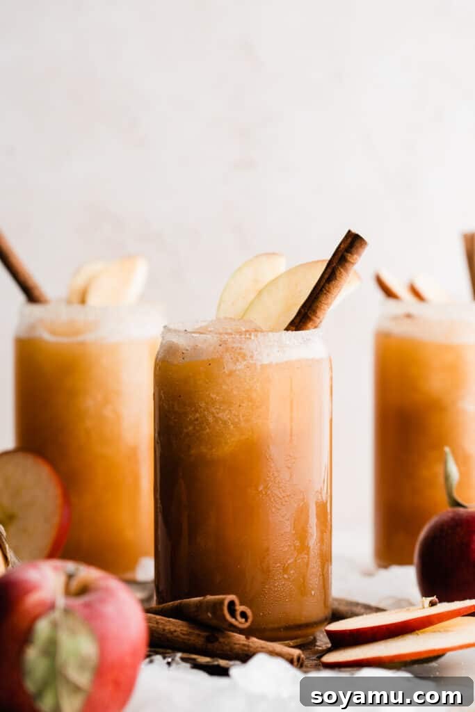 Spiked or Not Apple Cider Slushies 7 Three glasses of apple cider slushies garnished with apple slices and cinnamon sticks.