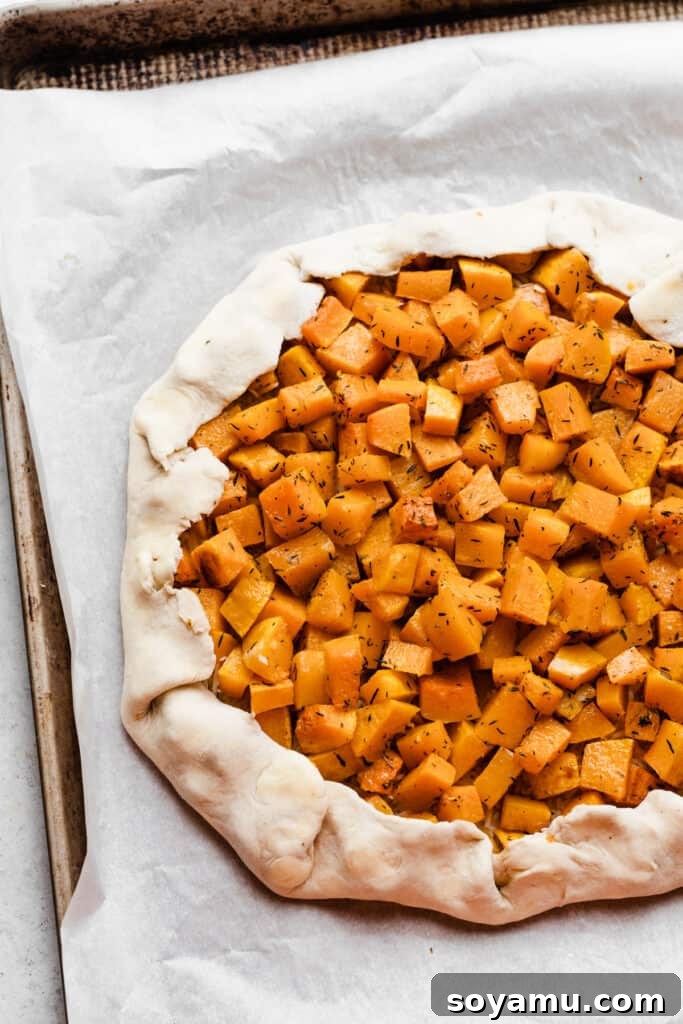 Asiago Parmesan Butternut Squash Galette 6 The assembled butternut squash galette, with the edges of the dough folded over the cheese and squash filling, ready for baking.
