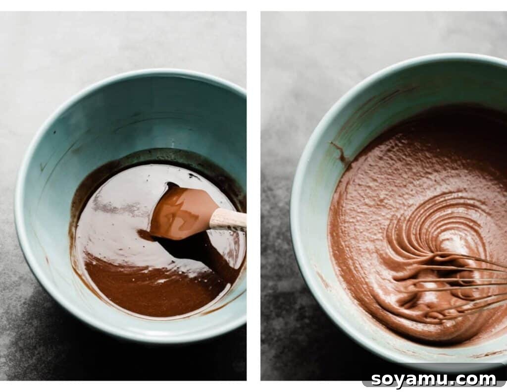 Ultimate Fudgy Triple Chocolate Skillet Brownie 4 The initial wet ingredients of melted chocolate, butter, sugars, eggs, and vanilla being whisked together in a large bowl, showing a smooth, glossy mixture.