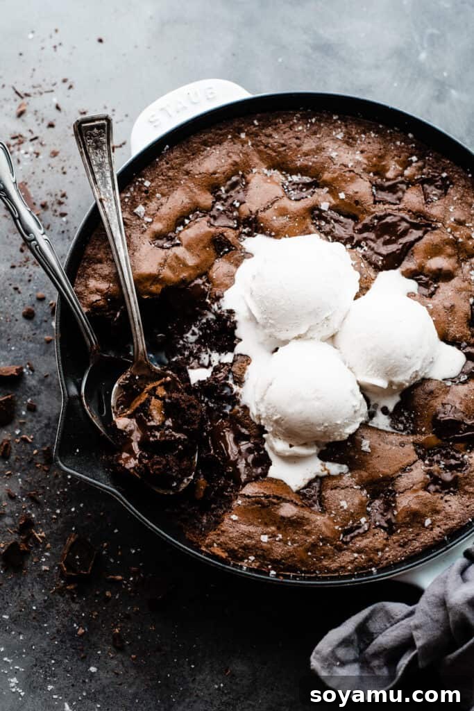 Ultimate Fudgy Triple Chocolate Skillet Brownie 7 A warm, freshly baked skillet brownie, partially eaten with a few bites missing, topped with a scoop of melting vanilla ice cream and flaky sea salt.