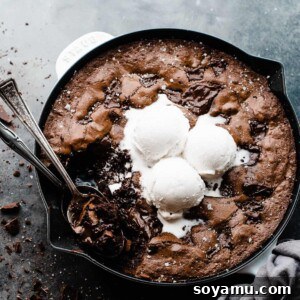 A skillet brownie topped with vanilla ice cream, showcasing its rich, gooey texture.