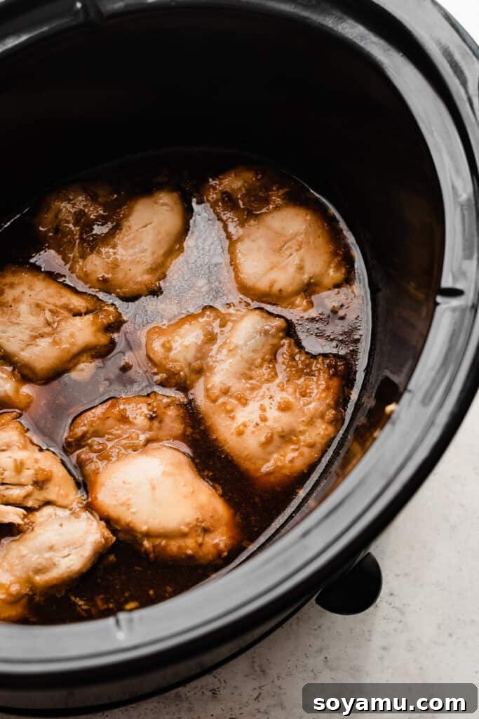 Sticky Sweet Slow Cooker Honey Garlic Chicken 5 Cooked, tender chicken thighs bathed in a rich, simmering honey garlic sauce within the slow cooker, glistening and ready for the next step.