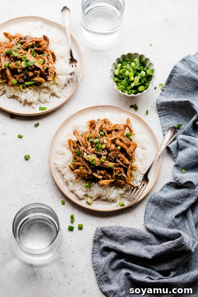 Sticky Sweet Slow Cooker Honey Garlic Chicken 8 Two plates showcasing the finished slow cooker honey garlic chicken, beautifully arranged over rice and garnished with sesame seeds and green onions.
