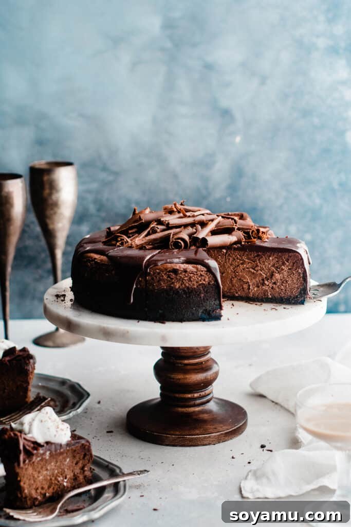 Baileys Infused Chocolate Ganache Cheesecake 2 The sliced Baileys Chocolate Cheesecake on a elegant cake stand, showcasing its layers.