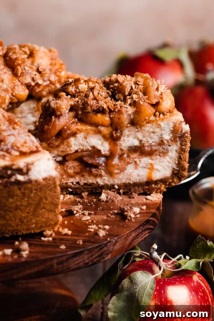 Decadent Salted Caramel Apple Pie Cheesecake 13 A mesmerizing close-up of a slice of the apple cheesecake being carefully lifted from the cake stand, showcasing its perfect layers and golden-brown crust.