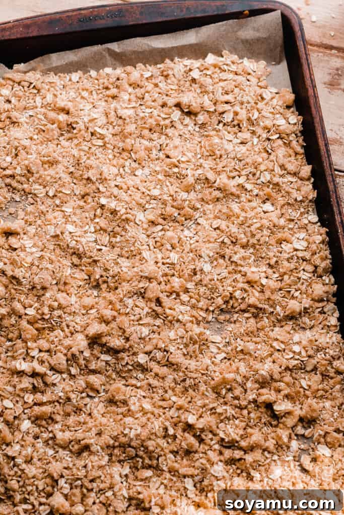 Decadent Salted Caramel Apple Pie Cheesecake 9 A pan of unbaked oat streusel crumble mixture, ready to be baked to golden perfection.