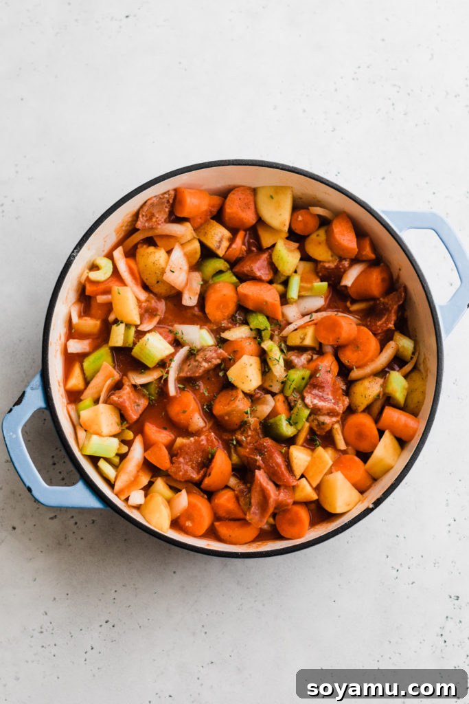Best Beef Stew (Instant Pot + Oven) - This Beef Stew is saucy, hearty, and made with simple, good-for-you ingredients like potatoes, carrots, beef, tomato juice, and spices. Make it in the Instant Pot in a flash or in the oven, cooked low and slow. Both cooking methods give drool-worthy results. Don't forget the crusty bread for dipping! #instantpotrecipes #instantpotbeefstew #beefstew #healthyrecipes #dinnerrecipes #easyrecipes #bluebowlrecipes | bluebowlrecipes.com A blue dutch oven filled with raw cubed stew meat, potatoes, carrots, celery, and onion in a rich tomato broth, ready for cooking.