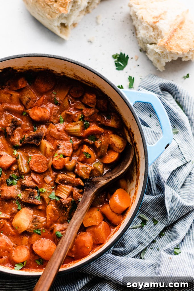 Best Beef Stew (Instant Pot + Oven) - This Beef Stew is saucy, hearty, and made with simple, good-for-you ingredients like potatoes, carrots, beef, tomato juice, and spices. Make it in the Instant Pot in a flash or in the oven, cooked low and slow. Both cooking methods give drool-worthy results. Don't forget the crusty bread for dipping! #instantpotrecipes #instantpotbeefstew #beefstew #healthyrecipes #dinnerrecipes #easyrecipes #bluebowlrecipes | bluebowlrecipes.com Top-down view of a rich, saucy tomato stew featuring tender beef, vibrant carrots, crisp celery, and hearty potatoes.