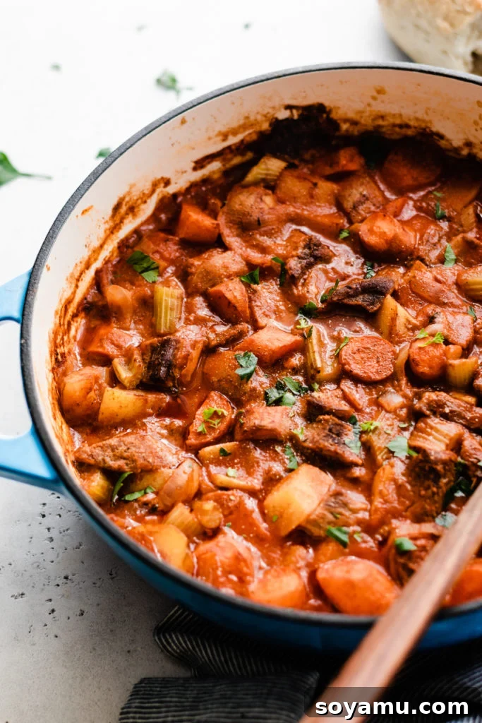 Best Beef Stew (Instant Pot + Oven) - This Beef Stew is saucy, hearty, and made with simple, good-for-you ingredients like potatoes, carrots, beef, tomato juice, and spices. Make it in the Instant Pot in a flash or in the oven, cooked low and slow. Both cooking methods give drool-worthy results. Don't forget the crusty bread for dipping! #instantpotrecipes #instantpotbeefstew #beefstew #healthyrecipes #dinnerrecipes #easyrecipes #bluebowlrecipes | bluebowlrecipes.com Saucy beef stew simmering in a blue Dutch oven, showcasing its hearty texture and inviting aroma.
