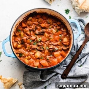 A delicious beef stew, served from a blue cooking pot, perfect for a hearty meal.