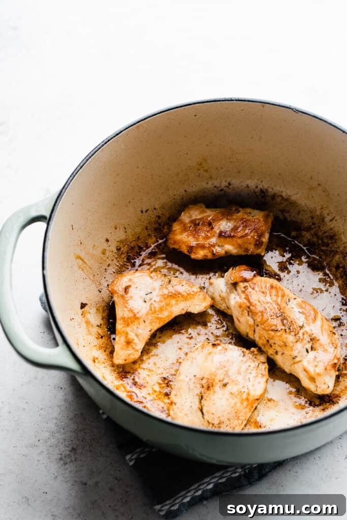 Soul-Soothing Chicken Dumpling Broth 4 Close-up of golden brown chicken pieces cooking in a pot, seasoned with herbs.