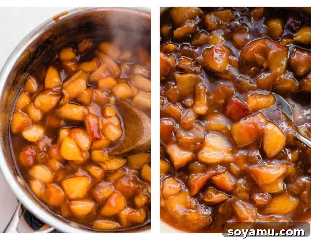 Salted Caramel Peach Mini Pies 4 Two images - one of a pot of the peach pie filling, and one of the bowl of the cooled filling.