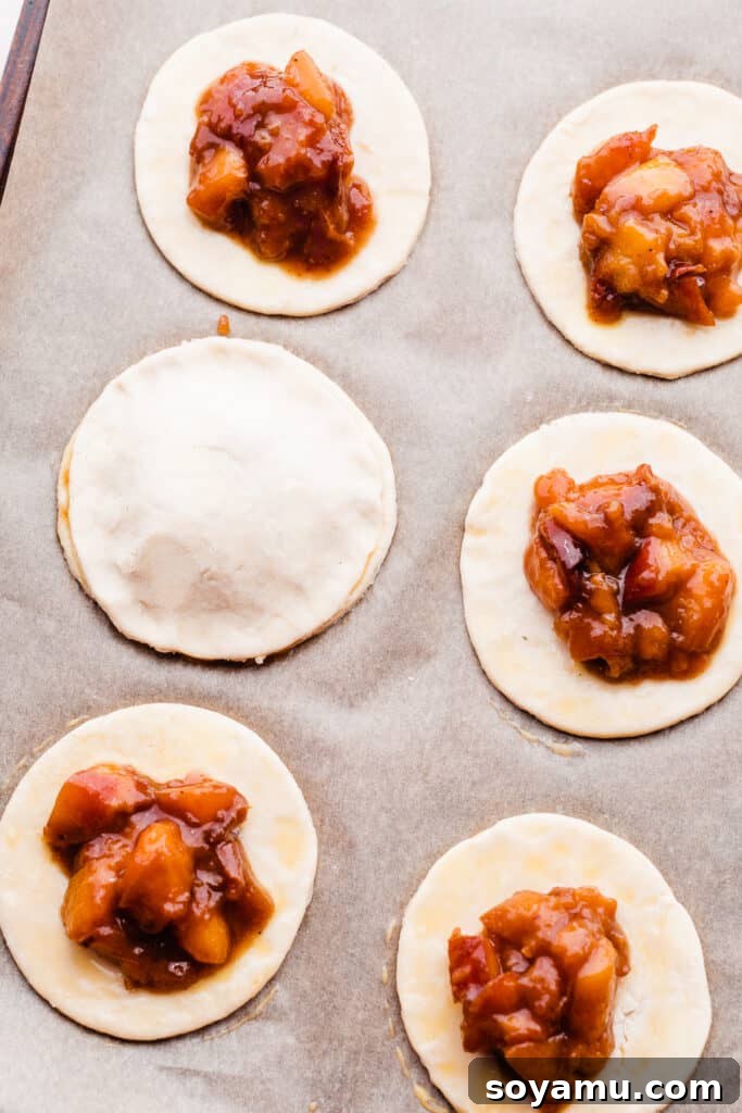 Salted Caramel Peach Mini Pies 6 Pie dough circles topped with peach pie filling on a baking sheet.