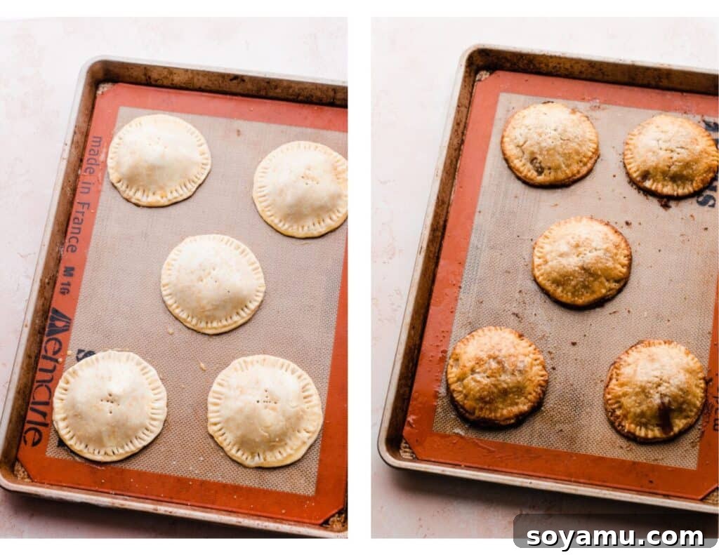 Salted Caramel Peach Mini Pies 7 Two images - one of the assembled unbaked hand pies, and one of the golden brown baked pies.