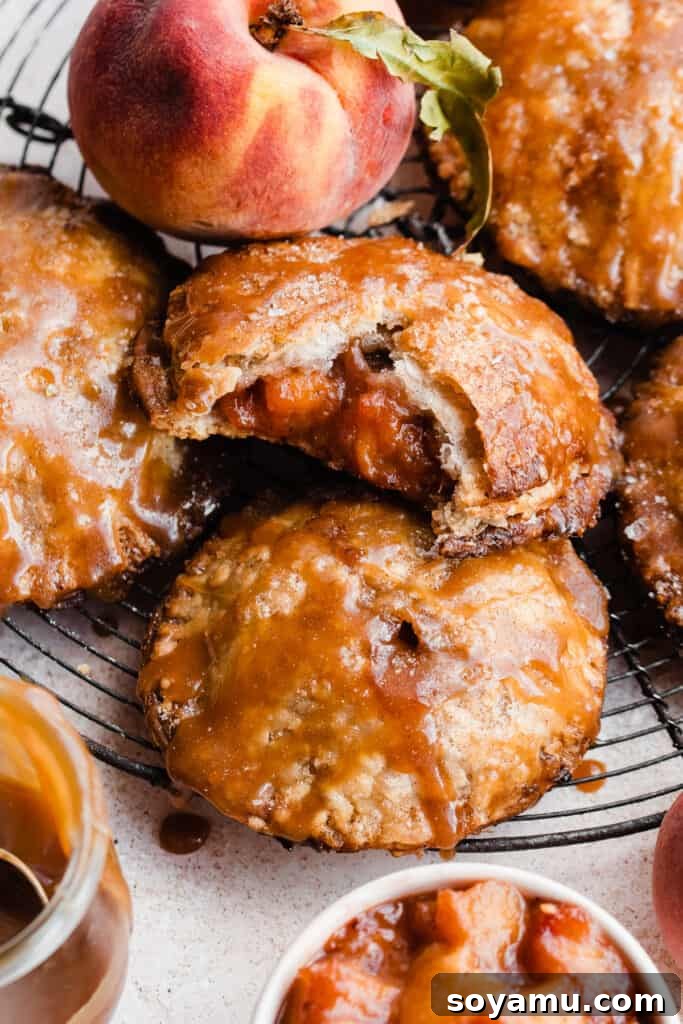 Salted Caramel Peach Mini Pies 10 Peach Hand Pies drizzled with caramel sauce.