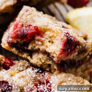 A close-up on a slice of coffee cake with a bite missing, showing the raspberry rippled center and fresh raspberries baked in.