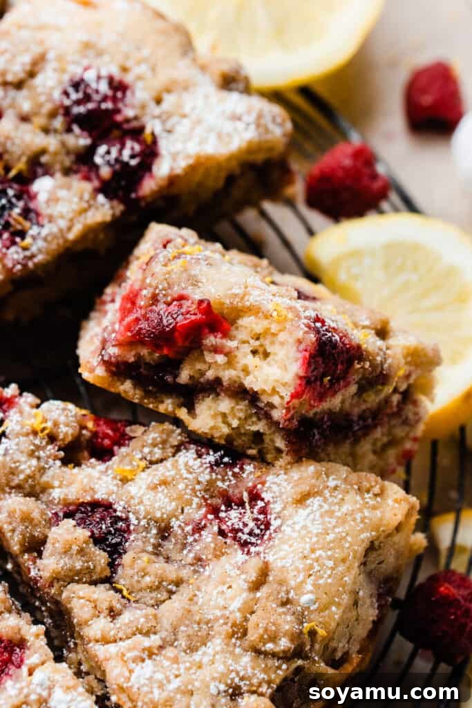 Zesty One-Bowl Raspberry Lemon Coffee Cake 10 A close-up on a slice of coffee cake with a bite missing, showing the fresh raspberries baked in and the raspberry jam ripple.