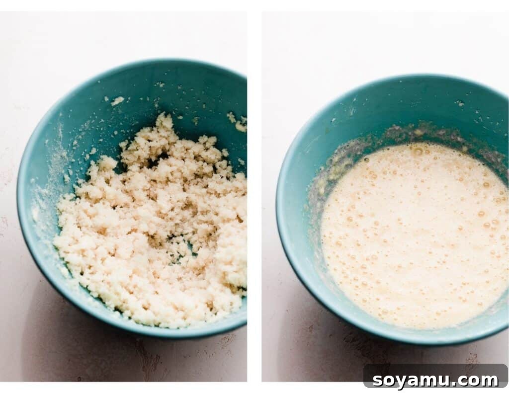 Two side-by-side images showing the progression of cupcake batter: one with creamed butter and sugar, and the other after eggs and vanilla have been incorporated, showing a smooth, light mixture.