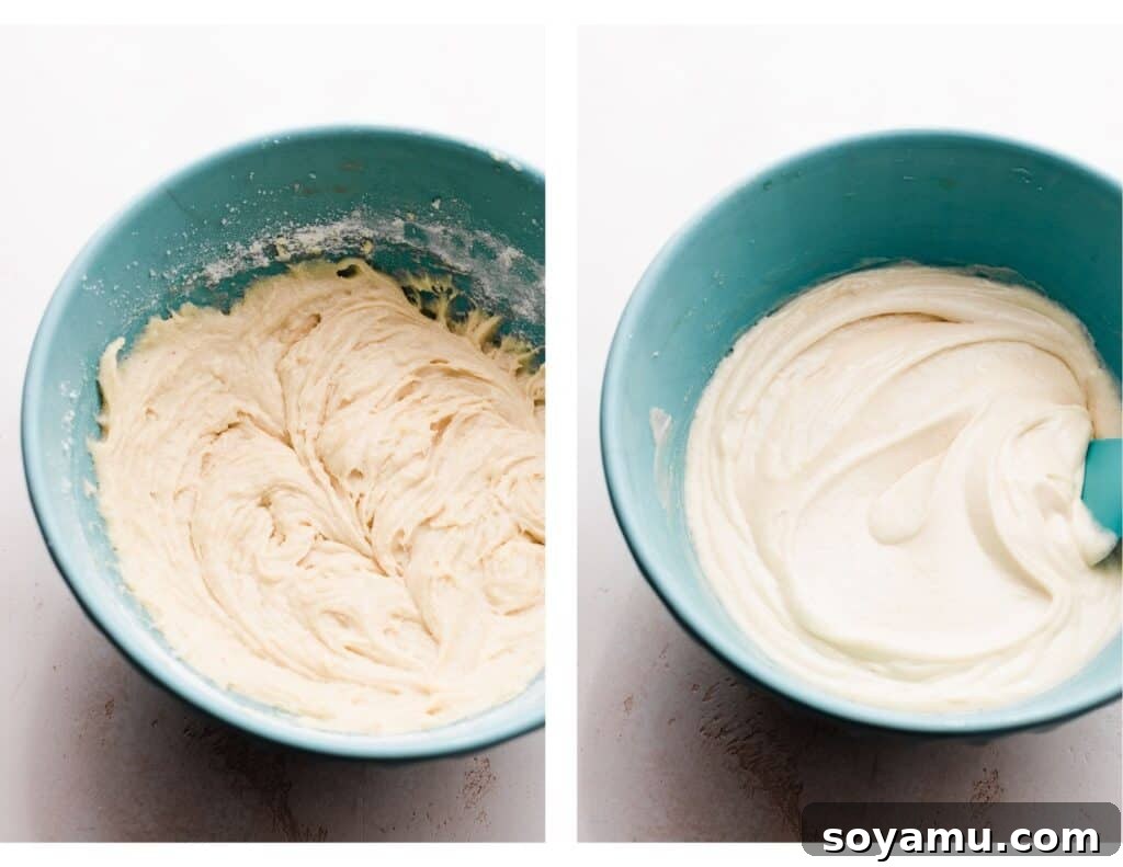 Two sequential images illustrating the cupcake batter preparation: first, dry ingredients are mixed in, and second, the finished smooth batter after sour cream and vegetable oil have been added.