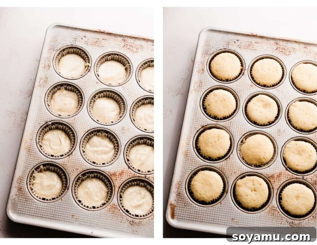 Two images showcasing the baking process: one of cupcake batter carefully filled into liners in a pan, and the other of golden-brown, perfectly baked cupcakes in the same pan.