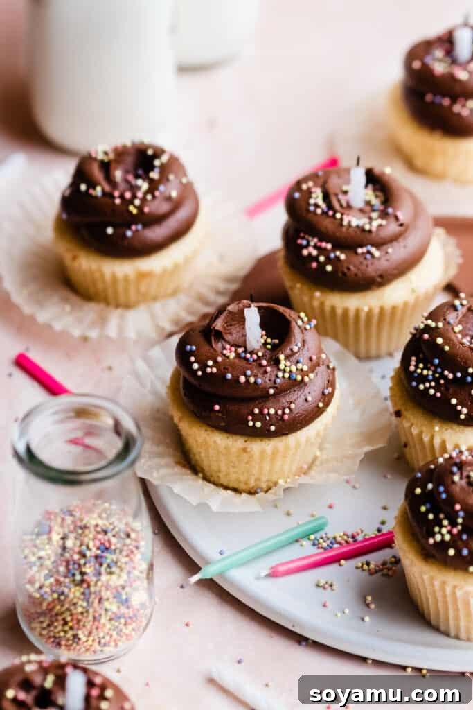 A beautiful 3/4 view of frosted birthday cupcakes adorned with colorful sprinkles and glowing birthday candles, creating a festive atmosphere.