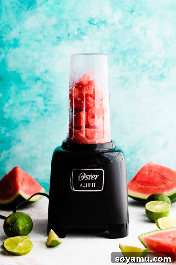 Watermelon Wave Frozen Margaritas 5 A blender with the margarita ingredients.