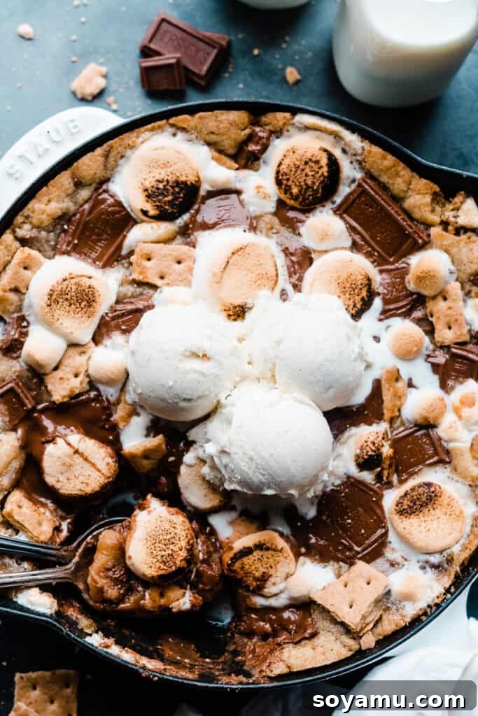Gooey S'mores Skillet Cookie 3 A close-up of the s'mores skillet cookie topped with scoops of ice cream, showcasing the rich texture.