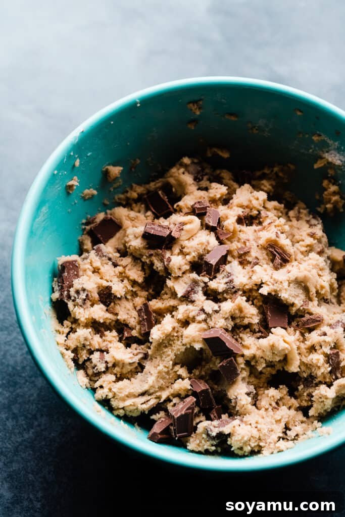 Gooey S'mores Skillet Cookie 5 A mixing bowl full of chocolate chunk cookie dough, with visible pieces of chocolate.