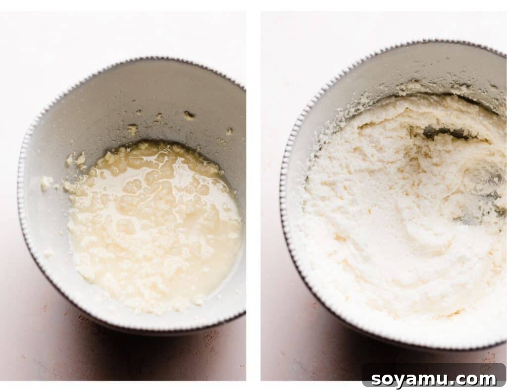 Pristine White Birthday Masterpiece 4 Two images side by side: one showing softened butter and oil creamed together, and the other showing granulated sugar added and creamed into the butter and oil mixture, looking light and fluffy.