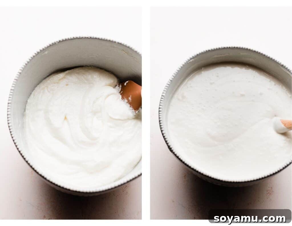 Pristine White Birthday Masterpiece 5 Two images: one shows the light, fluffy cake batter after egg whites are combined, demonstrating its airy consistency. The other shows the perfectly mixed, smooth final cake batter, ready for baking.