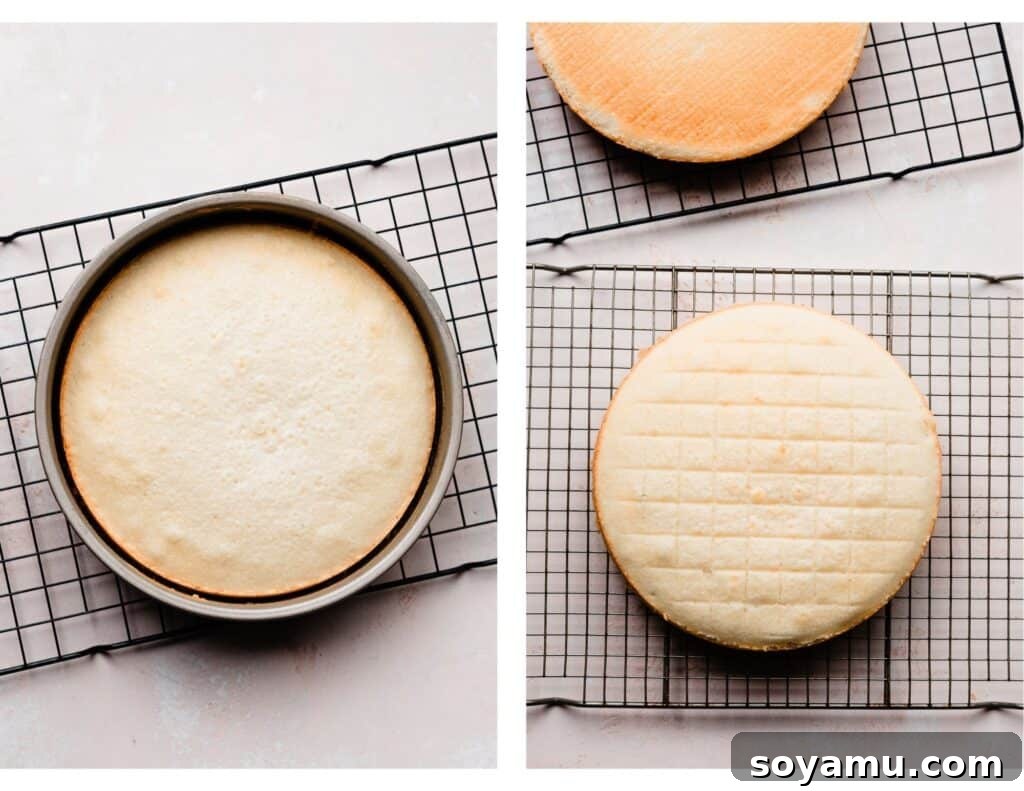 Pristine White Birthday Masterpiece 6 Two images: one depicts a perfectly baked white cake still in its pan, showcasing golden edges, and the other shows a cooled cake layer resting on a wire rack, ready for frosting.