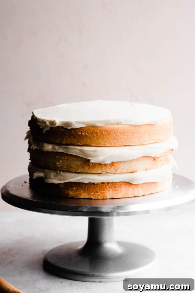 Pristine White Birthday Masterpiece 7 The fully frosted white cake on a cake turntable, ready for final touches or serving, showcasing smooth frosting.