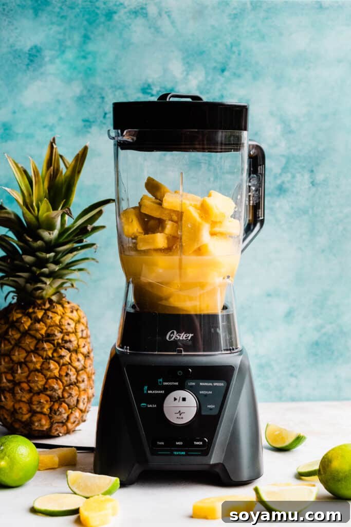 Paradise Frost 4 A blender full of the piña colada ingredients before blending, showing liquids at the bottom and frozen pineapple on top.