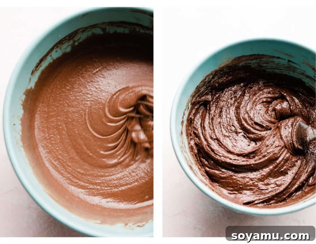 Two separate, compelling images illustrating the brownie batter preparation. The first image clearly shows a whisk thoroughly incorporating eggs and sugars into a rich, melted chocolate mixture within a large mixing bowl. The second image proudly displays the resulting thick, glossy, and perfectly mixed brownie batter, showcasing its readiness for the next baking stage.