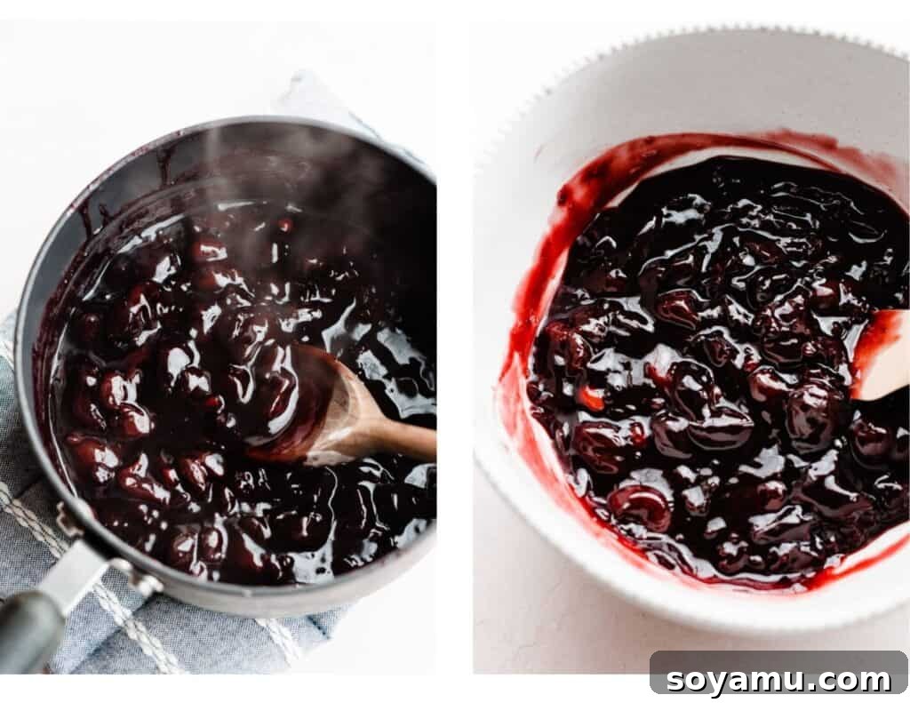Two sequential images: The first shows vibrant red cherry sauce simmering in a pot on the stovetop, gradually thickening. The second image displays the same cherry sauce after being lightly mashed, now transferred to a bowl, with some delightful cherry pieces still visible, indicating it's ready to be cooled and used.