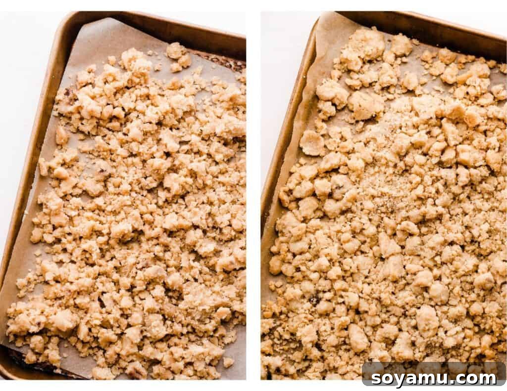 Two images side-by-side: one showing the unbaked streusel mixture in a pan, and the other showing the streusel perfectly baked to a golden brown.