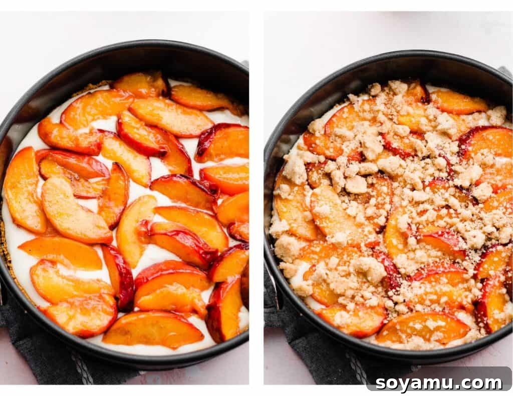 Two images illustrating the assembly: one showing cheesecake batter topped with roasted peach slices, and the other showing the addition of cinnamon streusel on top of the peaches.