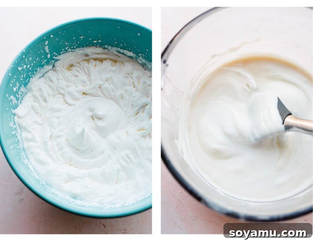 Effortless Black Forest Bliss 5 Two side-by-side images: one showing a bowl of perfectly whipped heavy cream with stiff peaks, and the other showing sweetened condensed milk with a portion of whipped cream gently folded in, ready for combining with the rest of the whipped cream.