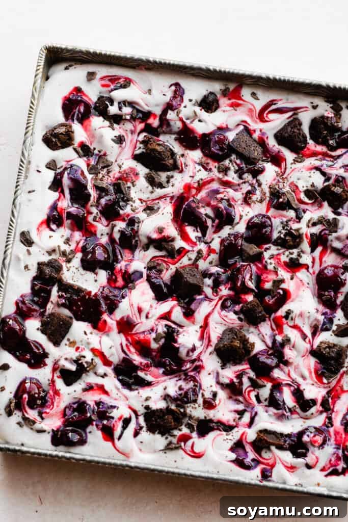 Effortless Black Forest Bliss 7 A square pan of No-Churn Black Forest Ice Cream, fully assembled and ready for freezing, showcasing beautiful swirls of cherry compote, an abundance of brownie chunks, and rich chocolate pieces on top.